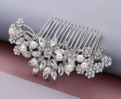 Mrs. Claus Silver Pearl & Flower Hair Piece