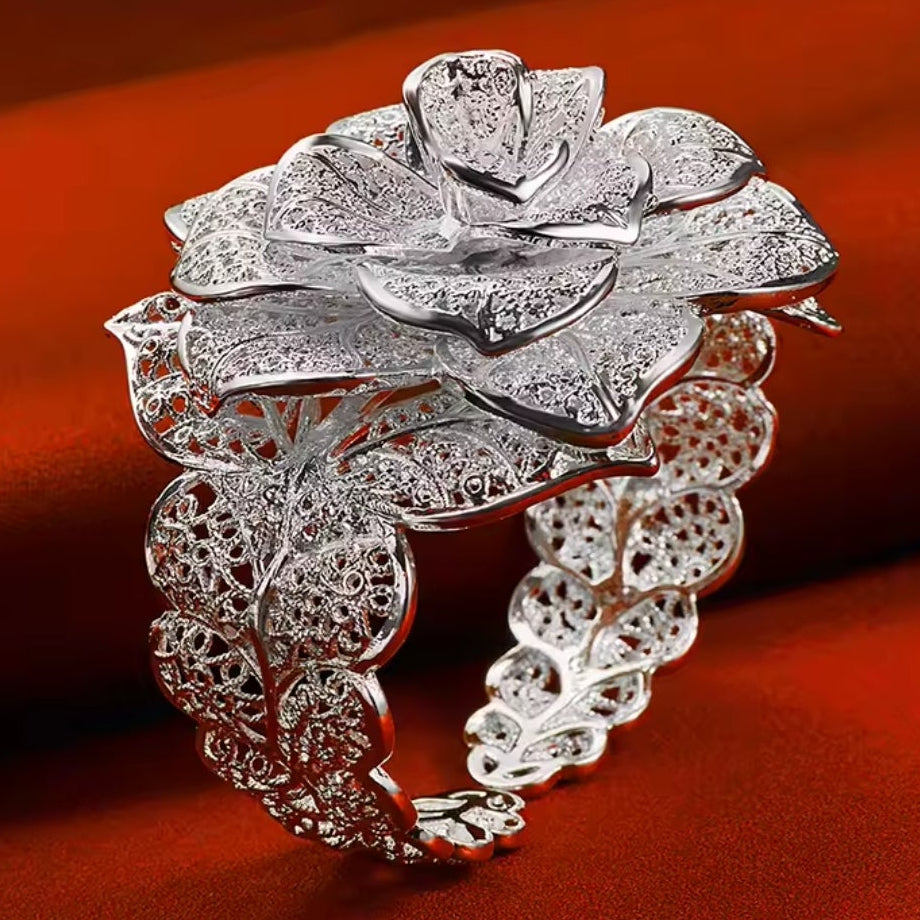 Mrs. Claus Cuff Bracelet - Silver Poinsettia