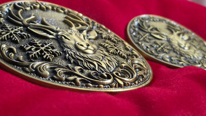 Large 5.5" Reindeer Belt Buckle for up to 4" Belt - Antique Gold