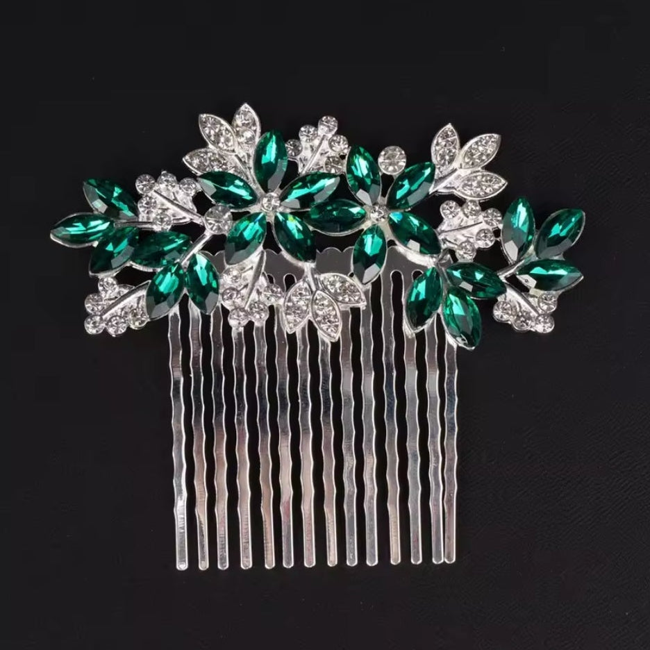 Mrs. Claus Green Gem Silver Hair Comb
