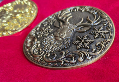 Large 5.5" Reindeer Belt Buckle for up to 4" Belt - Antique Gold